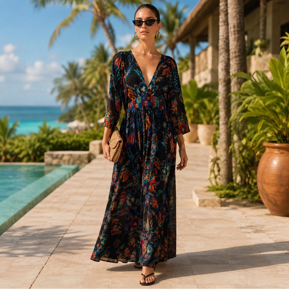 Farm Rio Sunset Tapestry Black Kaftan Asymmetric Maxi Dress